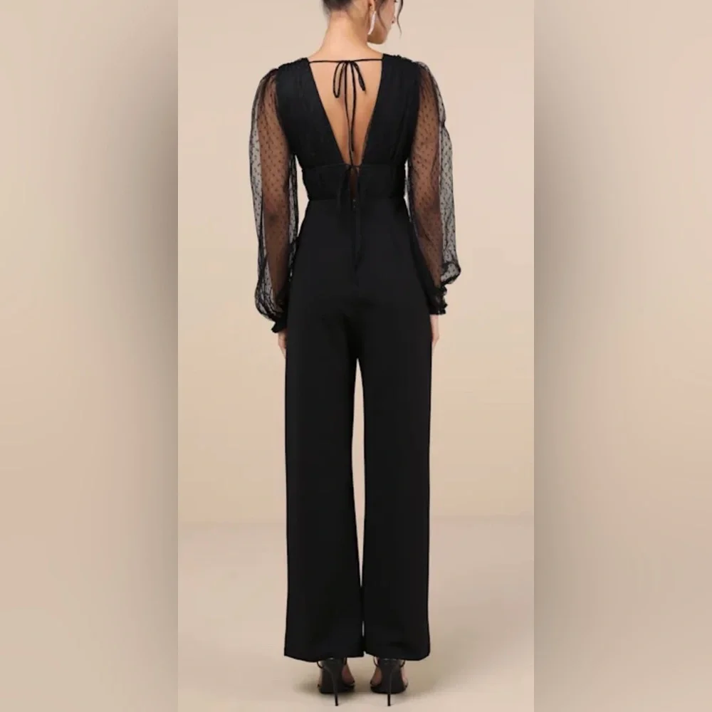 Lulus NWT “Sweet Twist” Black Swiss Dot Tulle Long Sleeve Jumpsuit. Size Small. - Picture 3 of 11